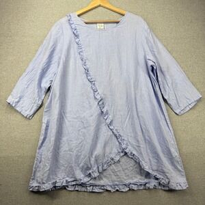 Match Point Linen Tunic Women XL Light Blue Ruffle Trim Lagenlook Boho Top